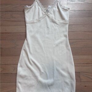 Stretchy ribbed Cream Lace-Trimmed bodycon Dress